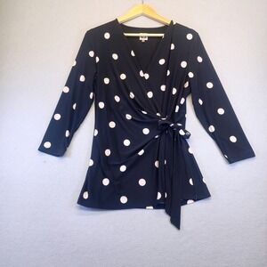 Anne Klein Polka Dot Wrap Top Side Tie Blouse Womens Size L Business Casual